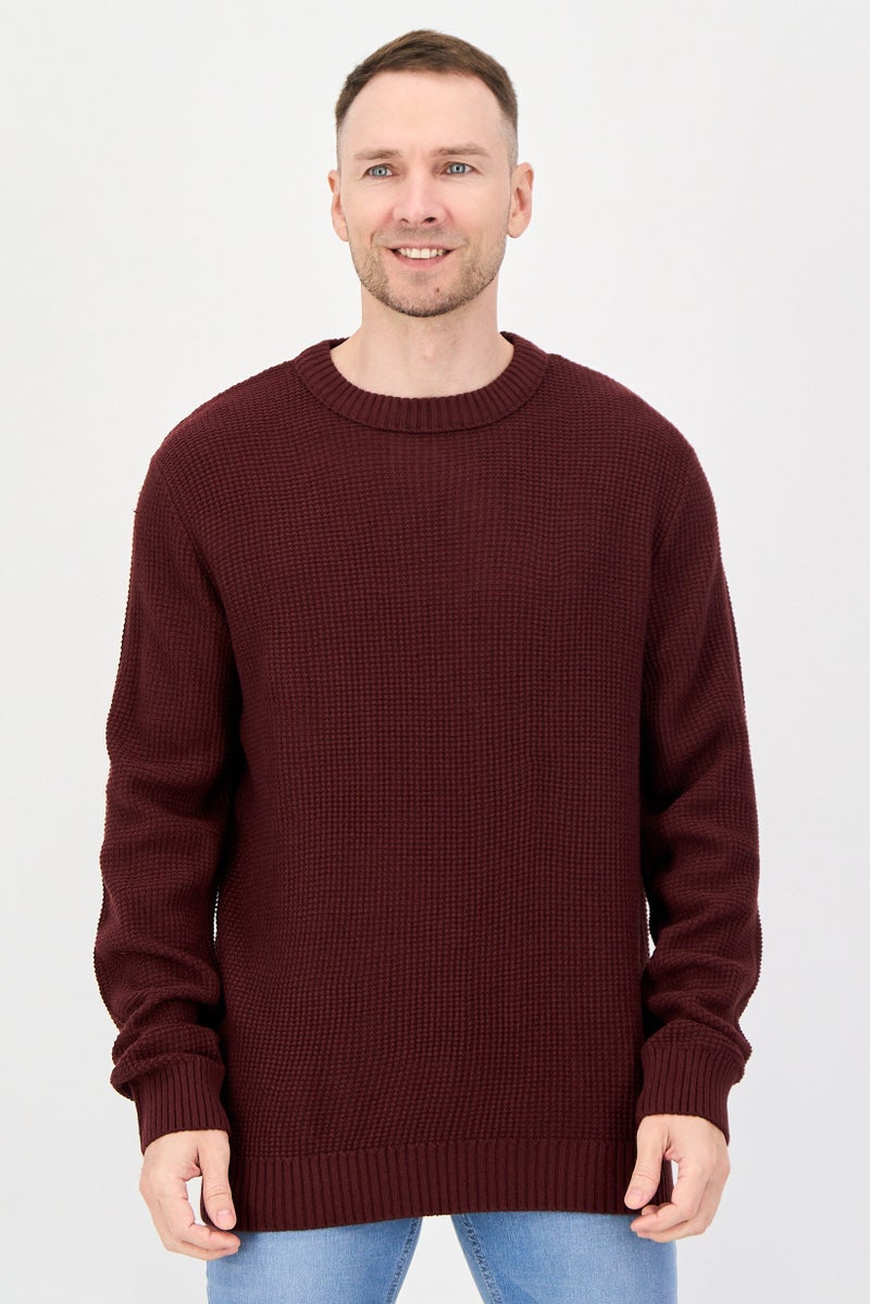 JACK & JONES Men Crew Neck Knitted Sweater, Maroon - Image 1